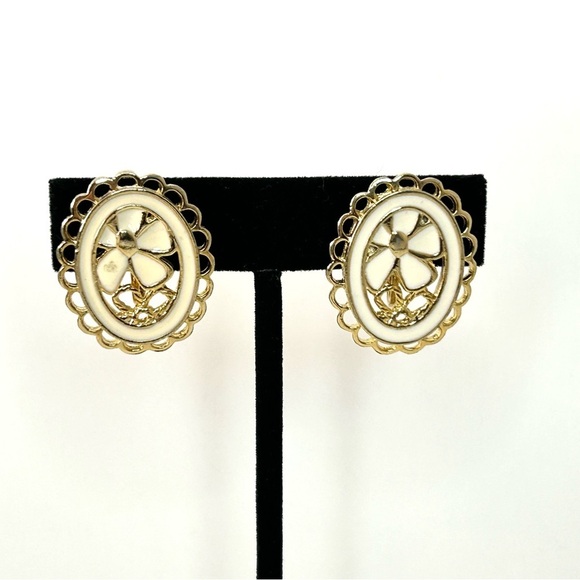 Gold Tone Cream Enamel Clip On Earrings 1.20”L - Picture 4 of 6